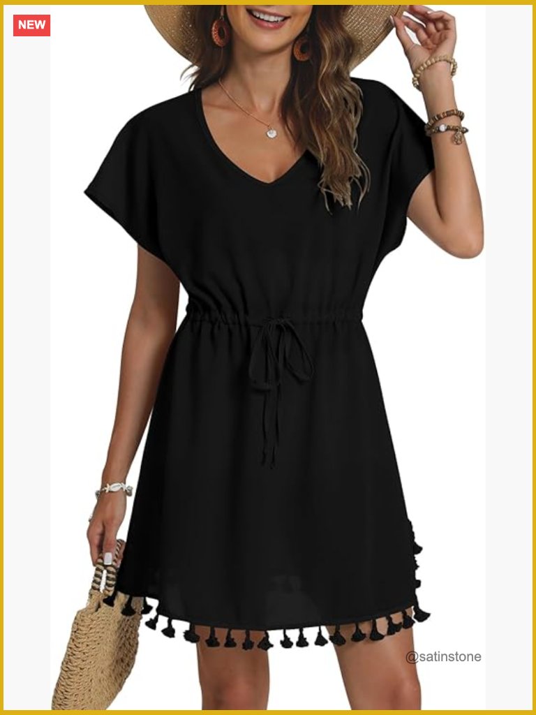 Women Swimsuit Coverup V-Neck Tassel Hem Drawstring Short Sleeve Beach Dress